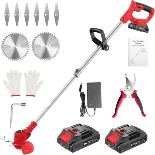Bamse Desbrozadora Batería, Desbrozadora Electrica 21V, Recortadora de Cortabordes Bateria con 2 Baterías 2000 mAh, 2 Tipos de Cuchillas, 11000 RPM y Motor, Mango Telescópico 85-120 cm