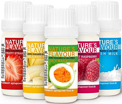 Flavour Drops Set, Flavdrops Zuckerfrei, natürliches Lebensmittelaroma, ERDBEERE, BANANE, MARACUJA, WALDHIMBEERE, MILCH
