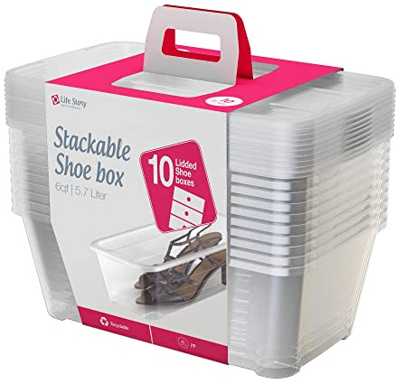 Life Story 10-Pack Plastic Storage Box, Stackable Shoe Organizer Tote Containers, 6 Liter - Clear Bins and Boxes with Lids for Bedroom, Closet, Cabinet, and Garage Organization