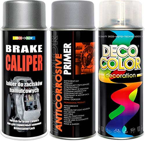 Deco Color Brake Caliper Deluxe 3 Items KIT Drum Primer Paint Protective Clear Coat Spray Gloss Moto Sport CAR Tuning Vehicle (Silver Deluxe kit)