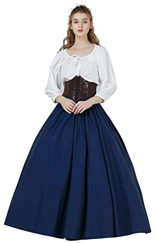 BEAUTELICATE Donna Gonna Lunga Cotone Vittoriana Estiva Stile Rinascimentale Boemia Gonna Grande Swing Maxi Gonna Medievale Gypsy Costume (Blu Navy, L)