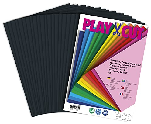 PLAY-CUT Tonkarton A4 Schwarz | 20 Blatt Schwarzer Bastelkarton 220g/m² | Mattes, Recycelbares Kartonpapier | Dick & Säurefrei | Zum Drucken, Basteln & DIY Projekte