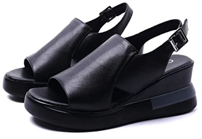 FZHGHJT Sandalias ortopédicas de verano para mujer, sandalias de tacón alto con plataforma y boca de pez, sandalias de cuña de cuero suave (negro, 36)