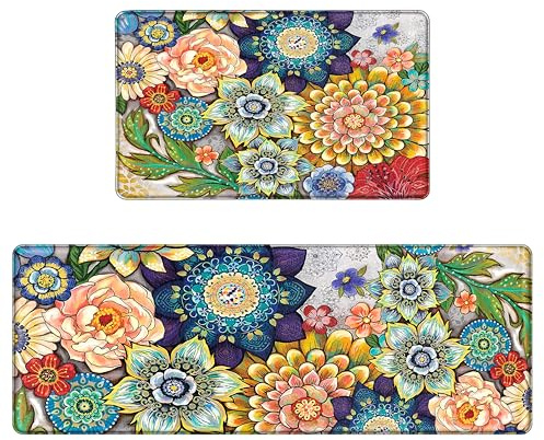 Tubeamin Boho Floral Kitchen Rugs Mats for Floor 2 Piece Memory Foam Padded Kitchen Mats Anti Fatigue Non Slip Cushioned Comfort Standing Mat, 17.3x28+17.3x47 Inch