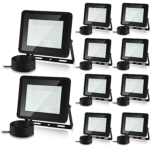 Lospitch Focos Led Exterior, 10PCS 50W IP66 Impermeable Foco Proyector LED, 4250LM Super Brillante 6000K Blanco Frío, Potente Luces Led Exterior para Terraza, Garaje (Sin Enchufe)