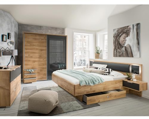 Schlafzimmer Set 5-teilig mit Bett 160x200, LED-Beleuchtung, Schwebetürenschrank 228cm mit Passepartout, Bettschubkästen, Kommode in Graphit mit Eiche Modern
