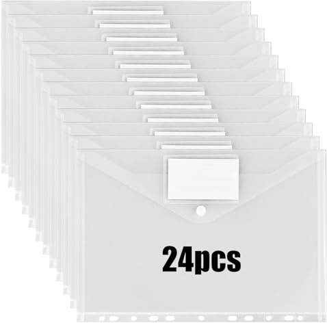 Carpeta para documentos A4, 24 unidades, transparente, de plástico, A4, con cierre de velcro, bolsillo para etiquetas, 11 agujeros, extensible, resistente al agua, organizador de documentos