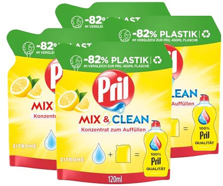 PRIL Mix & Clean Zitrus Konzentrat zum Auffüllen (4x 120 ml), Handgeschirrspülmittel mit höchster Fettlösekraft, für sauberes Geschirr auch in kaltem Wasser, 82% weniger Plastik