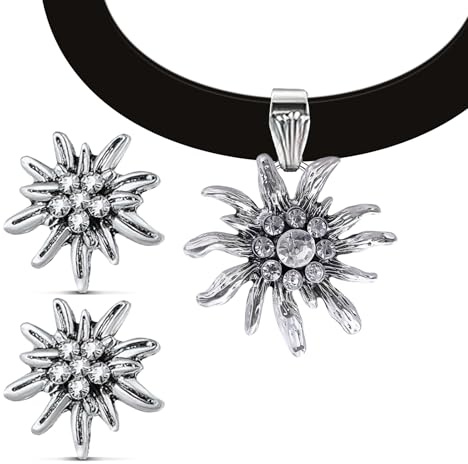 Nirecu Trachtenschmuck Damen Set,Edelweiß Halskette Und Ohrstecker FüR Damen,Bayerisch Dirndl Schmuck Trachtenkette,Edelweiss Deko Dirndl Accessoires, Kropfkette Elastisch