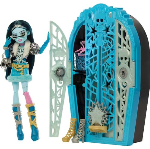 Monster High Segreti da Brivido - Frankie Stein I Misteri di Hauntlywood, bambola con abiti, guardaroba e 19 accessori glamour a sorpresa inclusi, giocattolo per bambini, 4+ anni, JBG81