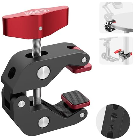 Came-TV Super Clamp Camera Mount with 1/4 and 3/8 Thread Holes, Aluminum Crab Clamp Mount with Locating Holes/Rubber Pads for Most Photographic Accessories, Max. Load 8.8lbs (64003B)