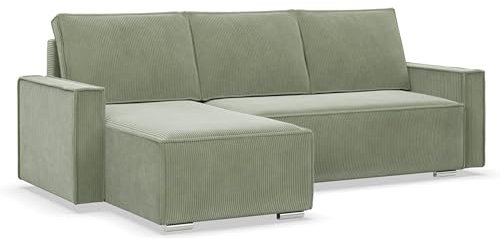 Mebligo - Ecksofa mit Schlaffunktion und Bettkasten NOTO, Cord Sofa L Form 231 cm Breit, Eckcouch Cord mit Schlaffunktion, Bonellfederkern, Universal Sofa Grün