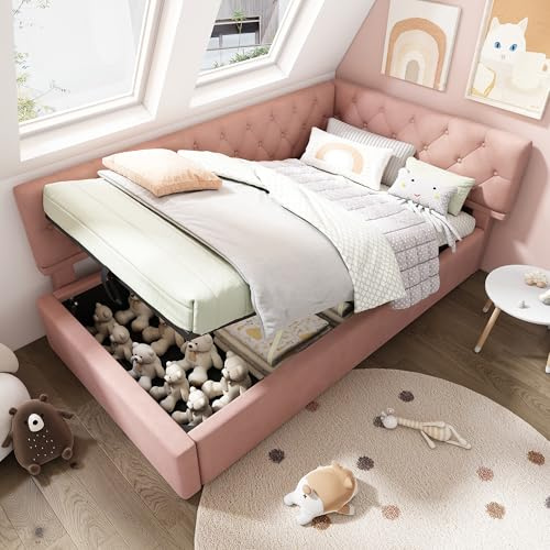 Gegtuon Letto Divano 90x200 per Bambini, Letto Singolo con Contenitore Idraulico Imbottito, Struttura Letti con Rete a Doghe in Legno, Arredamento Casa per Ragazzi, senza Materass, Velluto (Rosa)