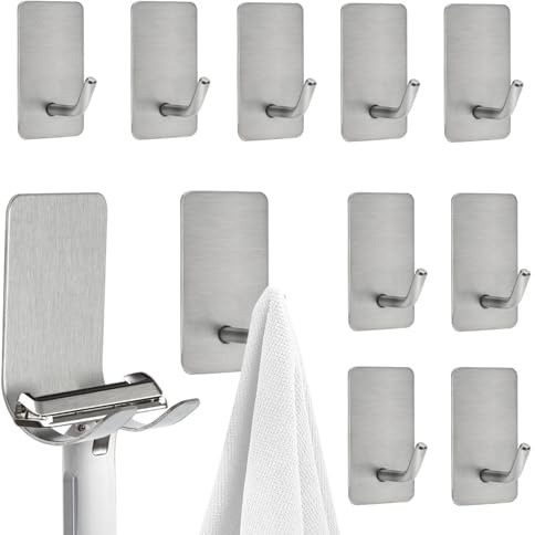KQDRAVINE 10 Piezas Ganchos Adhesivos para Pared, Ganchos Adhesivos de Acero Inoxidable, Gancho Adhesivo Pared Puede Soportar Hasta 10KG, Colgador para Baño, Aseo y Cocina