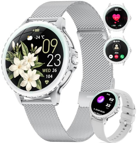 SUNKTA Smartwatch Damen mit Telefonfunktion,1,27 HD Smart Watch Damen mit Herzfrequenz Schlafmonitor Schrittzähler, IP68 Wasserdicht Fitnessuhr mit 100 Sportmodi für Android iOS, Silber Mesh-Armband