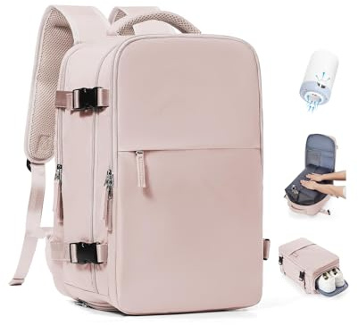 SEAFEW Vacuum Backpack Travel Bag with Pump,Ryanair Airlines 40x20x25 Underseat Cabin Bag,Travel Backpack Carry on Bag for Airplanes Multiple Pockets Comfort Casual Rucksuck for Men and Women,J3-Pink