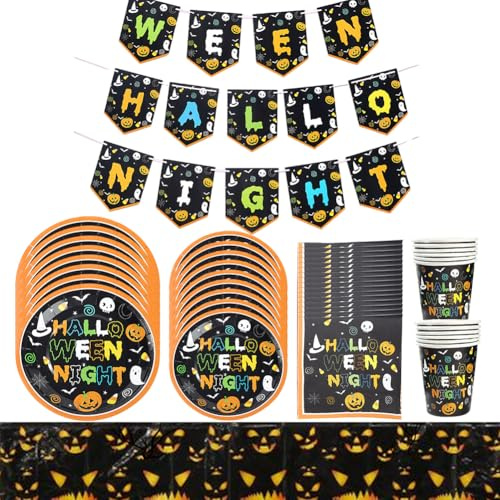 Halloween Stoviglie Set, Confezione per Stoviglie di Halloween, Tovaglioli Piatti Tazza Tovaglia Striscione, Set di Decorazioni per Feste per 12 Ospiti