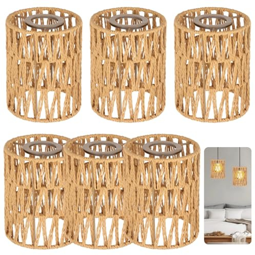 6 PCS Rattan Lamp Shade,Small Wicker Pendant Light Shade - Cylinder Woven Wicker Lampshades Replacement,Paper Rope & Metal Frame,Bohemian Ceiling Hanging Light Shades for Wall Light