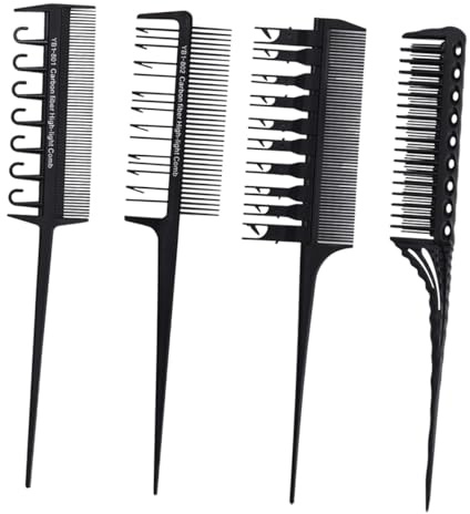 HOMSFOU Set 4 Pettini per Tinture Capelli in Carbonio, Pettine per Highlights Denti Larghi, Strumenti Hair Coloring Tools per Parrucchieri