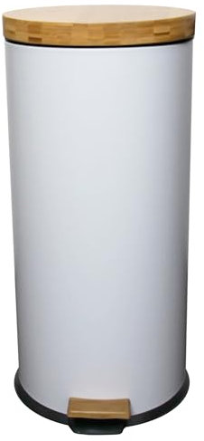 KITCHEN MOVE Poubelle bois de cuisine à pédale 30L Naturel FOREST Blanc en acier Inox couvercle en bambou avec seau