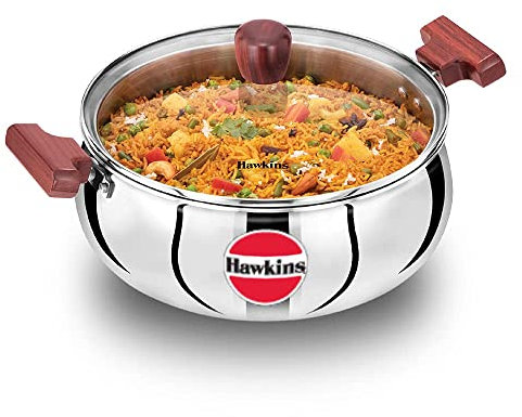 Hawkins 5 Litre Cook n Serve Triply Stainless Steel Handi with Glass Lid, Induction Sauce Pan, Biryani Handi, Saucepan, Silver