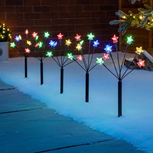 Christow Star Branch Path Lights, Outdoor Christmas Stake Pathway Decorations, Multi Coloured LED, Battery Operated with Timer (Set of 5 x 45cm)