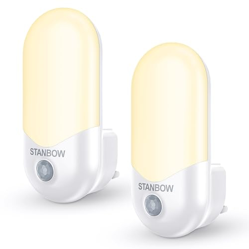 STANBOW 2 Pack Night Light Plug in Wall, Motion Sensor Lights Indoor, Auto On/Off Modes, 3000K Warm White Plug in Night Light for Hallway, Stairs, Kitchen, Bedroom, Kitchens