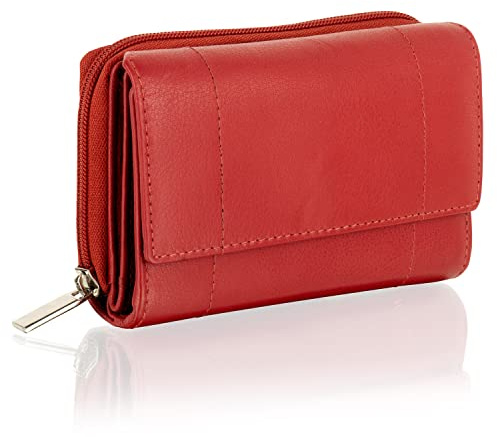 Woodland Leathers Purses for Women, Real Leather RFID Protection Small Purse Wallet with Card and Zip Coin Pockets (Red)