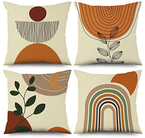 ASDCXZ 4 stycken örngott boho 40 x 40 cm, boho abstrakt konst linje solblad beige dekorativa kuddar örngott tvättbar polyester lin textil stoppning örngott