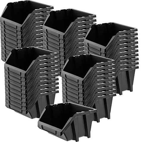 KADAX Lot de 50 petites boîtes de tri empilables d'atelier, en plastique polypropylène, boîtes de rangement en différentes tailles et couleurs, boîtes de rangement pour mur à outils (noir, lot de 50