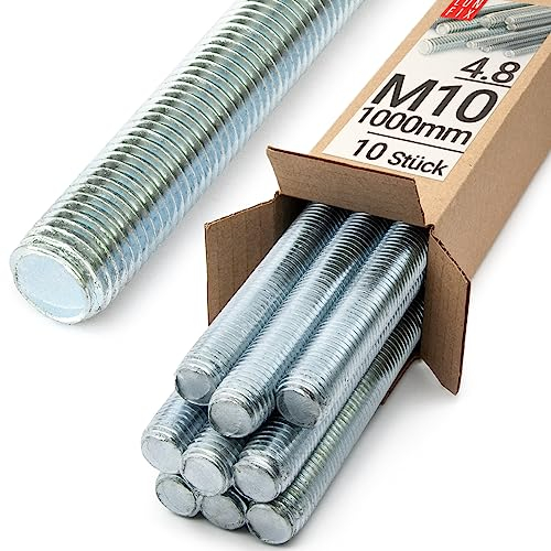 Lun Fix Tige filetée | M10 x 1000 mm | Lot de 10 | Acier galvanisé 4.8 | DIN 976 | Filetage métrique | Goujon fileté M10 | Vis longue | Fixation industrielle | Montage métal