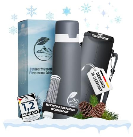 BLATTBERG Outdoor Wasserfilter Trinkflasche Edelstahl 740ml | 1500L + 500L Filter | Entfernt 99,9999% Bakterien Viren PFAS Schwermetalle Mikroplastik | Camping Survival Notfall Krisenvorsorge