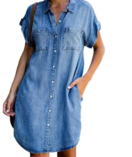 Cozyan Robe Longue Femme Ete Robe décontractée pour Femmes Style Denim Elégant Manches Courtes à Larges Confortable Jupe Courte Jusqu’au Genou avec Boutons Adaptée à l’eté