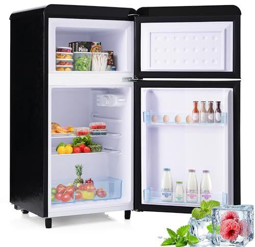 Merax Frigorifero a doppia porta retrò: elegante, risparmio energetico con volume di 72 litri e 21 litri, luce LED - nero