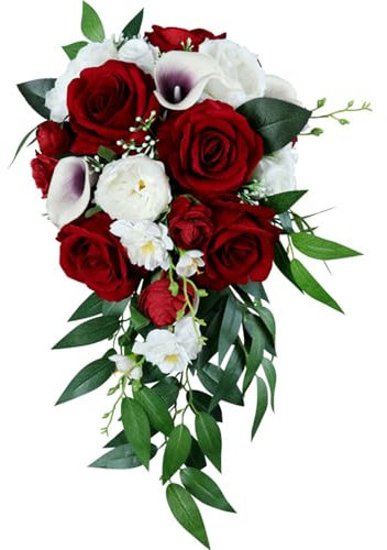 Fouriding Bouquet da sposa rosso vino per sposa, cascata d'acqua bouquet da sposa fiori artificiali rose che tengono fiori per cerimonie, anniversari, feste, addio al nubilato, decorazione di nozze