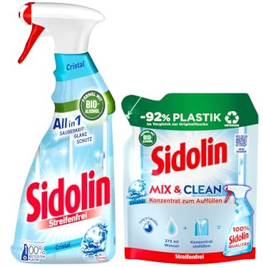 Sidolin Streifenfrei Cristal Glasreiniger (500 ml) + Sidolin Mix & Clean Konzentrat zum Auffüllen Cristal (125 ml), All in 1 Glasreiniger für Sauberkeit, Glanz & Schutz, mit Bio-Alkohol