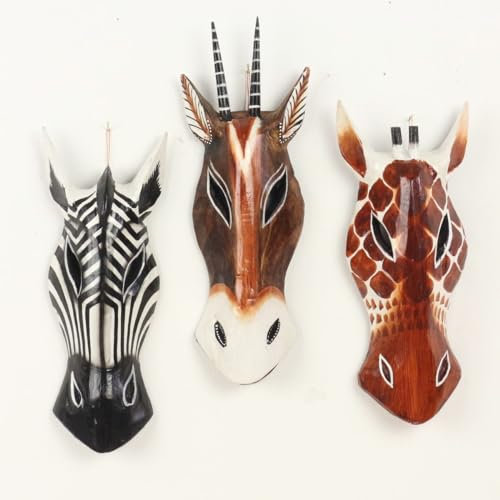Oriental Galerie 3er Set Giraffe Zebra Antilope Wandmaske Holzmasken Maske Afrika Handgeschnitzte Exotische Tiermaske ca. 30 cm