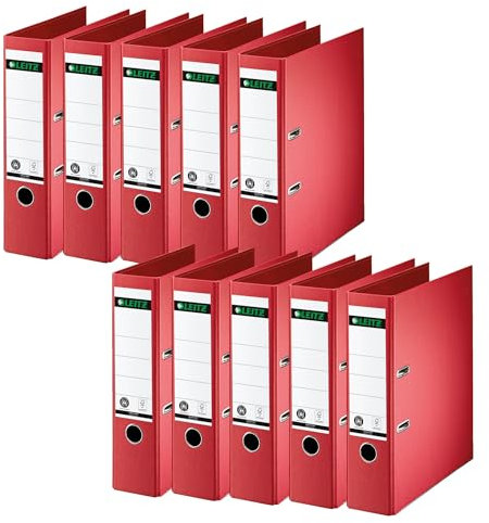 Leitz Qualitäts-Ordner 180°, 10er Pack, A4, 8 cm Rückenbreite, Spezialpapierkaschierung in Leinenprägung, Blauer Engel, Rot, 10070025