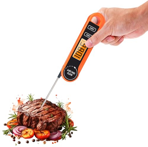 Roe Tenpo Meat Thermometer with Foldable Food Temperature Probe, Waterproof Food Thermometer with Backlight LCD Screen&Auto On/Off, Cooking Thermometer for Meat, BBQ, Water, Milk,Cooking Food (Orange)