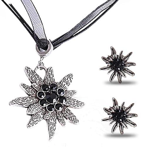 FloralGrace 3 Stück Trachtenschmuck Damen Set Bayerisch Dirndlschmuck Trachtenkette Edelweiß Anhänger Ohrstecker Halskette&Ohrstecker Bierfest Trachten (schwarz)