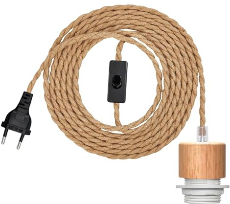 500CM Lampara Colgante de Cuerda de Cáñamo con Interruptor, kit de Portalámpara E26/E27 de Madera con EU Enchufe, Lampara Colgante Vintage Lámparas Rusticas de Techo Lámparas DIY (Sin Bombilla)
