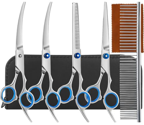 5PCS Dog Grooming Scissors Curved Kit 5-in-1 Thinning Scissors Hairdressing