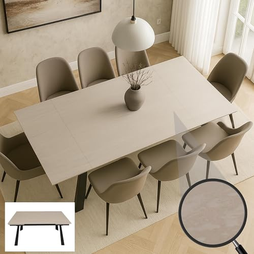 Mendler Esszimmertisch HWC-O59, Esstisch Ausziehtisch, Sinterstein Metall ausziehbar 160-242x91cm - Marmor-Optik beige