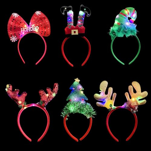 Aischens 6 Pcs Diademas Luminosas LED Navideñas – Bandas para Cabeza con Luces Adultos y Niños (Gorro Elfo, Reno, Árbol de Navidad), Regalo Nochebuena & Accesorios para Fiestas de Empresa