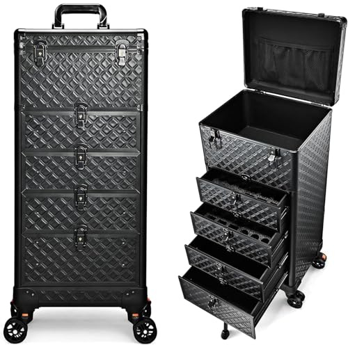 Stagiant Makeup Trolley Vanity Case Large Makeup Case Lockable Make Up Box Organiser with 4 Drawers Hairdressing Trolley on Wheels Beauty Nail Technician Cases Black