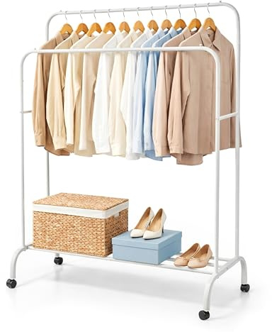 LARDECOR - Burro de Ropa con Ruedas, Perchero con Doble Barra, 110x54x(135 y 153) cm, Colgador de Hierro Robusto con Soporte para Zapatos, Organizador, Vestidor Portátil, Montaje Fácil (Blanco)