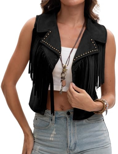 Maeau Women's Faux Suede Vest Hippie Tassel Short Vests Y2K Cowgirl Waistcoats 70s Festival Fringe Waistcoat XS-L