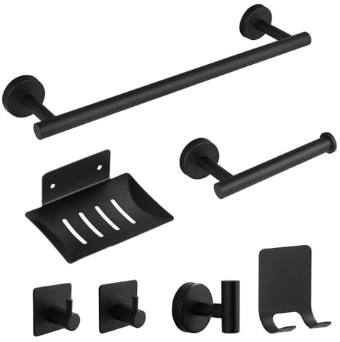 Set Bagno Accessori Completo, Comprende 1 Porta-Asciugamani, 1 Portarotolo, 4 Ganci e 1 Portasapone. Il Set di 7 Accessori per Bagno ti Offre un'Esperienza Multifunzionale Eccezionale (Nero)
