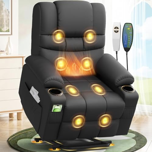 Lift Chair For the Elderly Recliner Armchair with 8-Piont Massaage & Lumbar Heating, Type C+USB Ports, 45° Assisted Standing Power Recliner Chair for Living Room, 2 Cup Holders & 4 Side Pockets