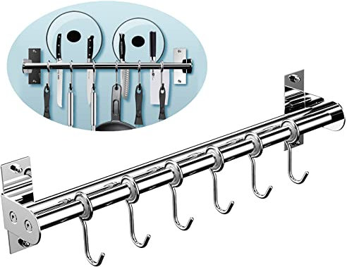 EINFAGOOD® El Soporte de Cuchillos, Gancho de Cocina 6 Ganchos con portacuchillas, Doble Tubo de Acero Inoxidable, 40 cm de Largo (Pulido Brillante)